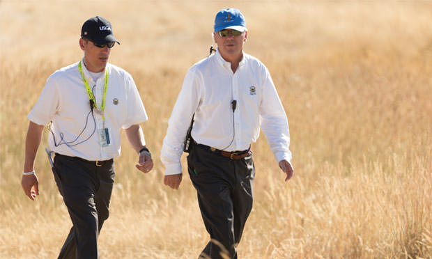 Tom O'Toole Jr., USGA President and Thomas Pagel, Senior Director, Rules of Golf & Amateur Status serving as rules officials during the final round of the 2015 U.S. Open at Chambers Bay in University Place, Wash. on Sunday, June 21, 2015. (Copyright USGA/John Mummert)