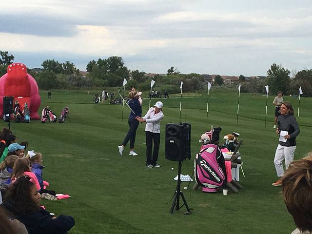 Paula Creamer hits a shot during a girl's golf clinic at Green Valley Ranch on August 29, 2016