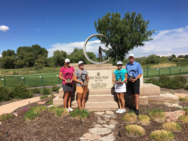 The winners of the 2016 CoBank Colorado Women's Open pose with their respective trophies. Low Amateur-Jessica Dreesbeimdieke (left), Champion-Lauren Coughlin (right), Pro Am Team Champions-Elena Robles & Jay Small (right).