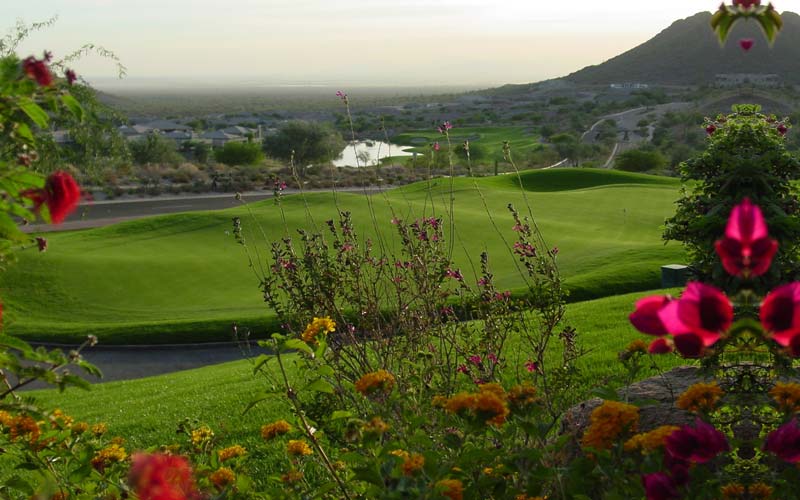 Flowers bloom along Eagle Mountain's lush fairways.