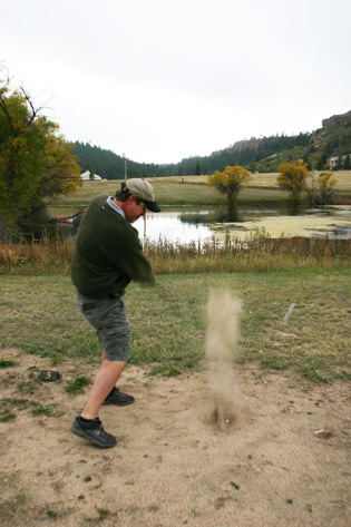 Teeing off on the signature fifth "hole"