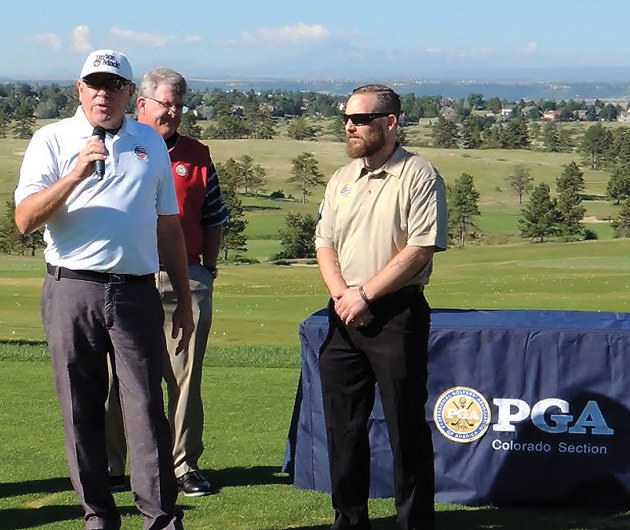 From left: Military Warrior Support Foundation's Ken Eakes, Colorado PGA's Eddie Ainsworth and Army Sgt. Chris Hardesty at last year's home presentation. 