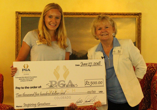 Colorado PGA REACH Trustee Sue Payton (right) with scholarship winner Sage Stevens.