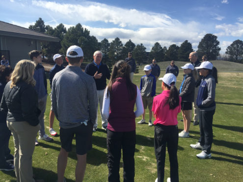 Hale Irwin addresses members of the Hale Irwin Player program outside Meridian Golf Club.