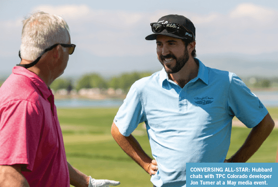 Hubbard chats with TPC Colorado developer Jon Turner at a May media event.