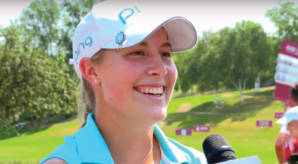 Jennifer Kupcho does an interview at the LPGA's Evian Championship in France.