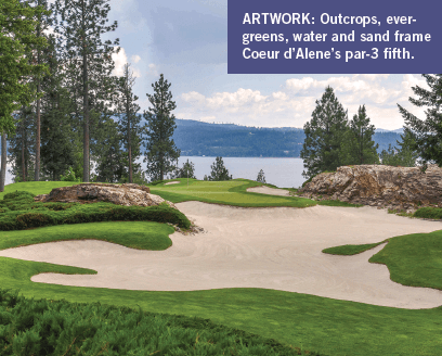 Outcrops, evergreens, water and sand frame Coeur d’Alene’s par-3 fifth.