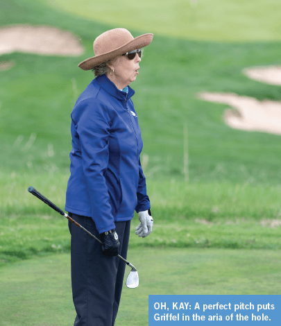 Kay Griffel reacts to a well-hit chip shot at The Ridge at Castle Pines.