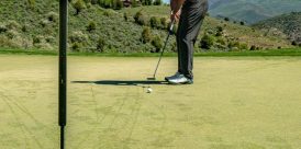 A golfer sets up to a putt on the green.