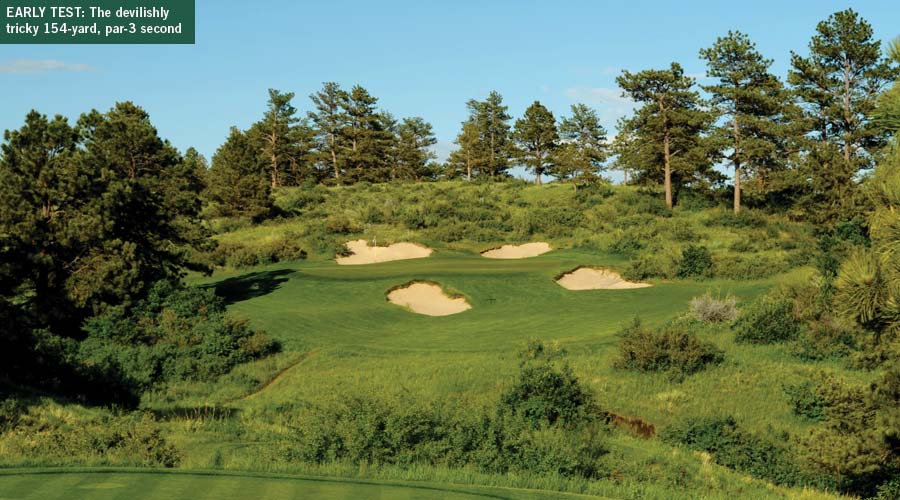 The par-3 second hole at Colorado Golf Club, the site of the 2019 U.S. Mid-Amateur Championship.