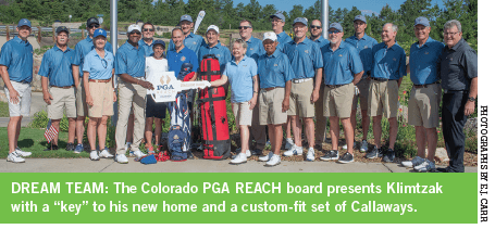 The Colorado PGA REACH board presents Klimtzak with a “key” to his new home and a custom-fit set of Callaways.