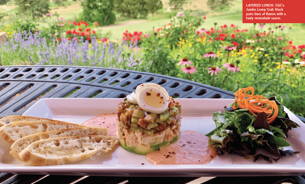 Colorado Golf Club’s Jumbo Lump Crab Stack pairs tiers of flavors with a tasty remoulade sauce.