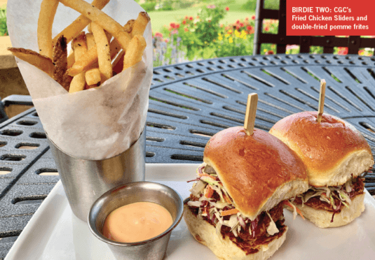 Colorado Golf Club’s Fried Chicken Sliders and double-fried pomme frites,