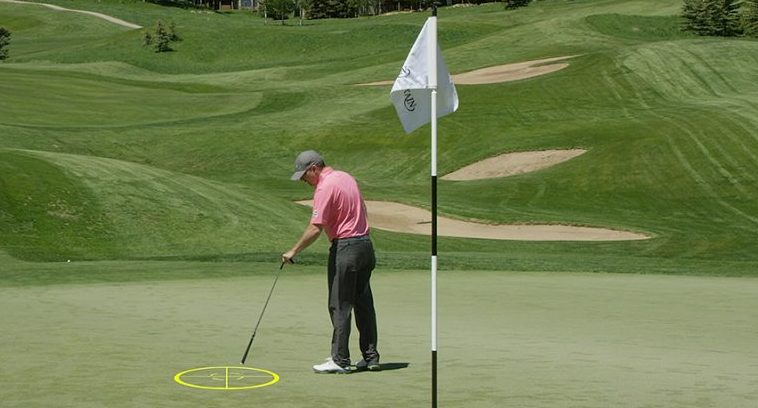 A golfer picks out a landing zone for his approach shot on the green.