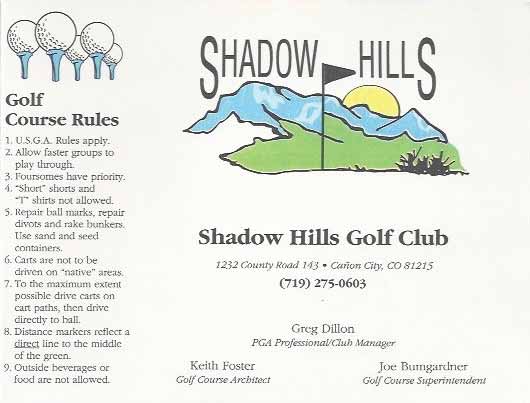 Old Shadow Hills Golf Club scorecard