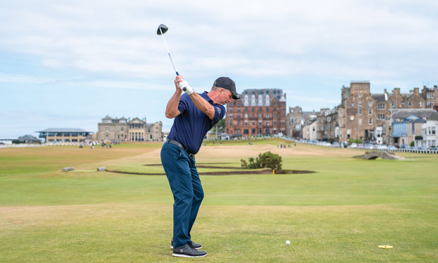 Tim Schantz, CEO of Troon Golf, teeing off on the 18th at St. Andrews