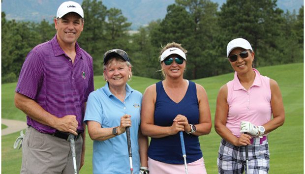 The game introduced Sue Payton (second from left) to Jason Doyle, the president of UMB Bank in Colorado Springs (left); and Eisenhower Golf Club WGA members Janet Yoder and Ron Irons (far right).
