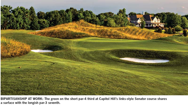 The green on the short par-4 third at Capitol Hill’s links-style Senator course shares a surface with the longish par-3 seventh.