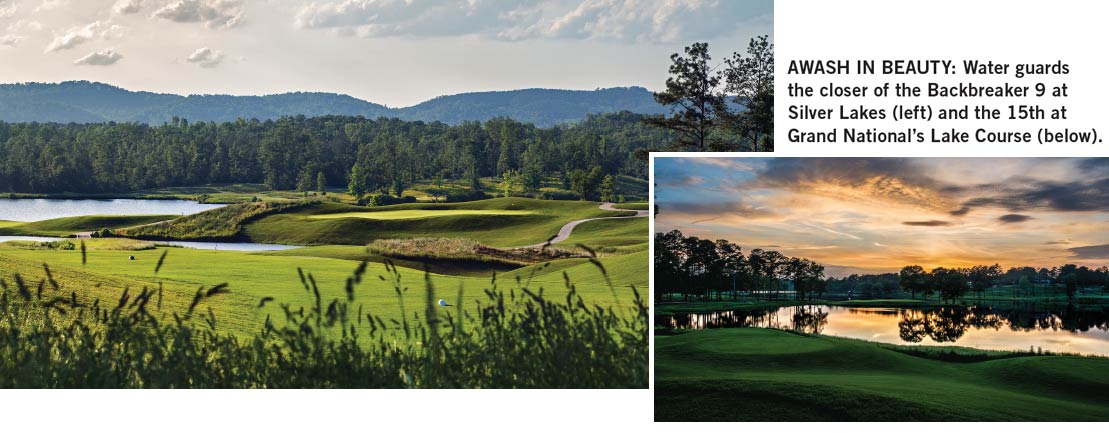 Water guards the closer of the Backbreaker 9 at Silver Lakes and the 15th at Grand National’s Lake Course.