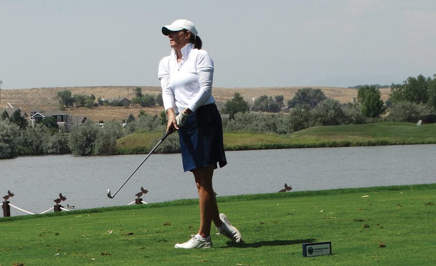 JENNED UP: Cassell, who played on her high school and collegiate golf teams, tees off in the CGA’s 2019 Brassie Championship at Pelican Lakes in Windsor.