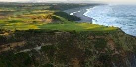 HARD BY THE SEA: Ocean seems to surround every hole at Sheep Ranch. Nos. 3 and 16 (above) share a tiered green