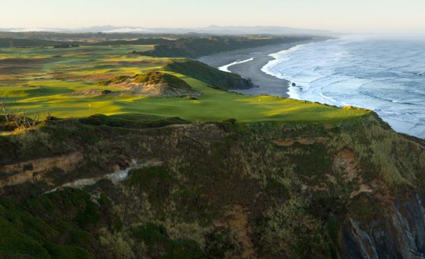 HARD BY THE SEA: Ocean seems to surround every hole at Sheep Ranch. Nos. 3 and 16 (above) share a tiered green