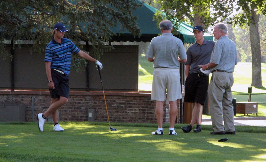 EXTRA HOLES: Heading to a playoff at Denver Country Club in 2010, Kevin Tway (left) and eventual winner Scott Pinckney got instructions from tournament co-chairs Gary Potter (right) and Kim Richey.