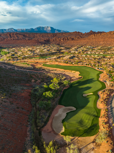 An aerial look at the 9th hole at Entrada at Snow Canyon Country Club. Photograph by Brian Oar