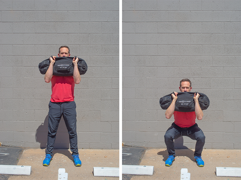 Dee Tidwell demonstrates sandbag squats