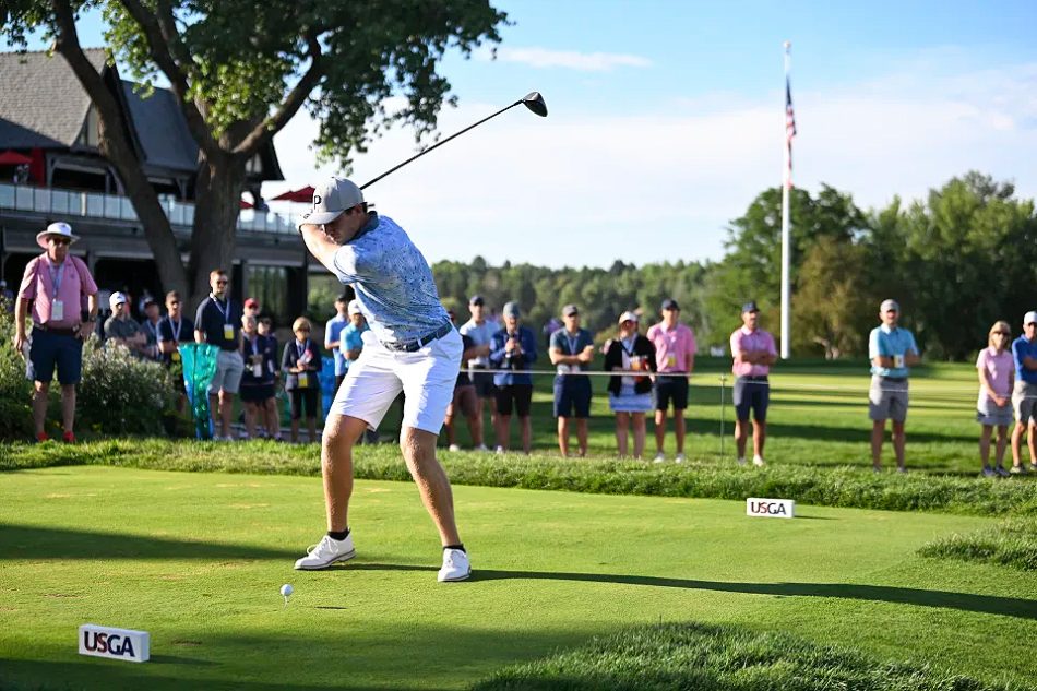 Continuing of his suspended Round of 16 match in the U.S. Amateur at Cherry Hills C.C., John Marshall Butler tees off Friday on the first playoff hole. He would win the match and advance to the the quarterfinals—and earn a spot in Saturday's semifinals. (Kathryn Riley/USGA)